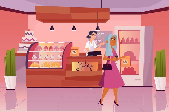 Woman buying bakery product in bakery  Illustration