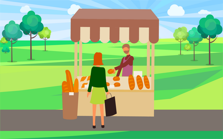 Woman buying bread at Bread stall Illustration