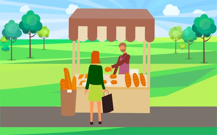 Woman buying bread at Bread stall  Illustration