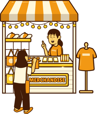 Woman buying bread loaf from market stall  Illustration