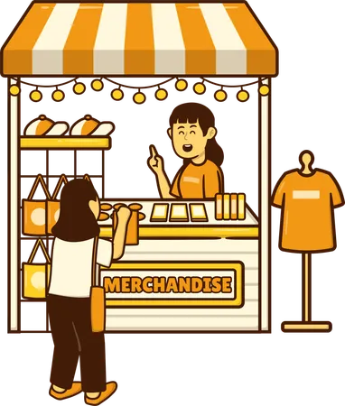 Woman buying bread loaf from market stall  Illustration