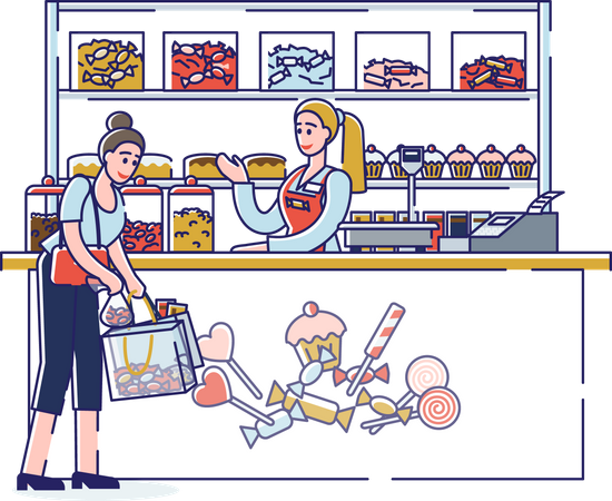 Woman buying candies in candy shop  Illustration