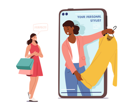 Woman Buying Clothes From Personal Stylist Using Smartphone App Illustration