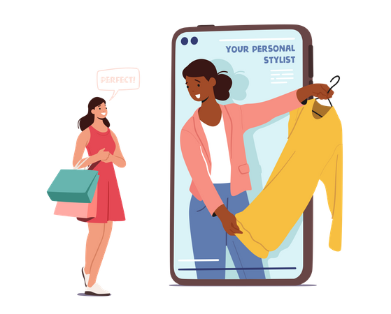 Woman Buying Clothes From Personal Stylist Using Smartphone App  Illustration