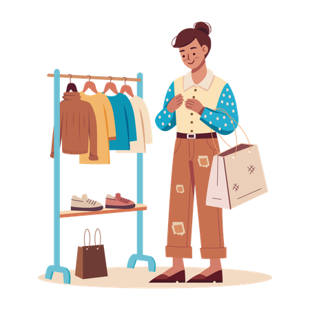 店で服を買う女性  イラスト