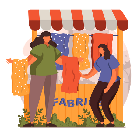 Woman buying clothes from street fabric shop Illustration
