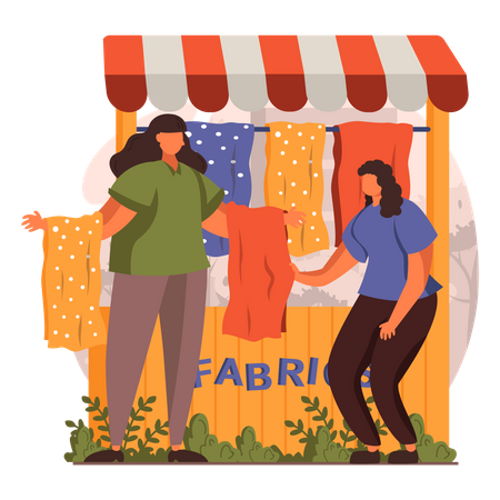 Woman buying clothes from street fabric shop  Illustration