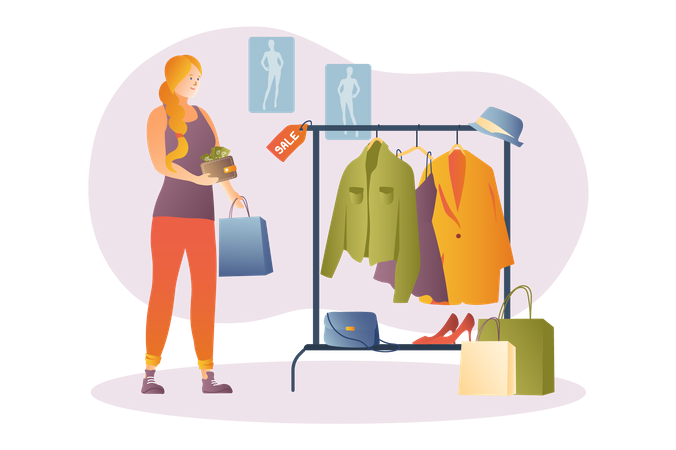 Woman buying clothes on sale  Illustration