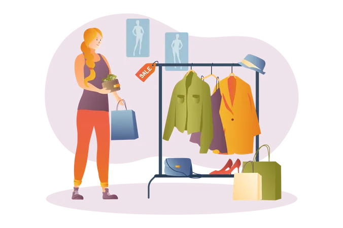 Woman buying clothes on sale  일러스트레이션