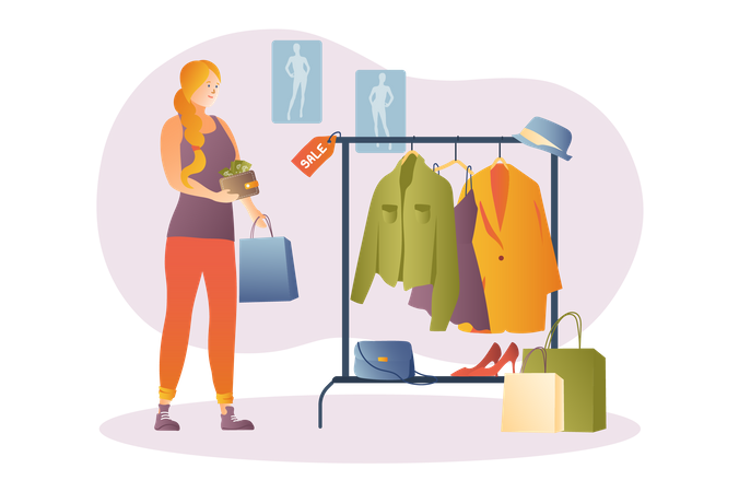 Woman buying clothes on sale  Illustration