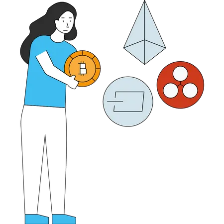 The Girl Is Standing With A Bitcoin In Her Hand Illustration