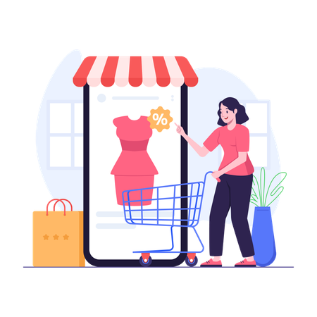 Woman buying dress online using mobile phone  Illustration