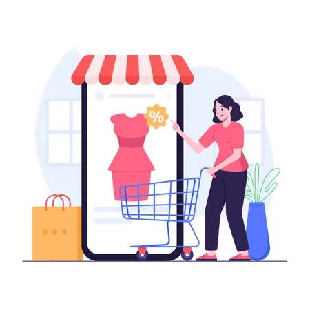 Illustration Of Woman Buying Dress Online Using Mobile Phone Illustration