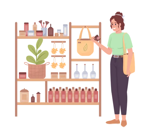 Woman Buying Eco Cosmetics Semi Flat Color Vector Character Organic Store Editable Figure Full Body Person On White Simple Cartoon Style Illustration For Web Graphic Design And Animation Illustration