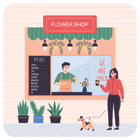 Woman buying flower from shop  Illustration