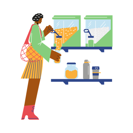 Woman buying food at bulk grocery store  Illustration