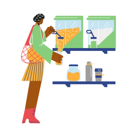 Woman buying food at bulk grocery store  Illustration