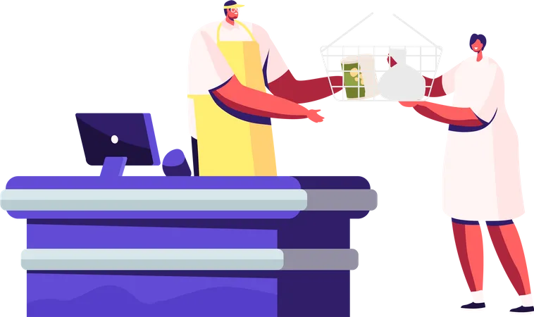 Woman Buying Food in Grocery Store Illustration