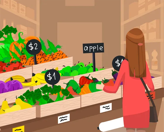 Woman buying fresh vegetables at grocery store  Illustration