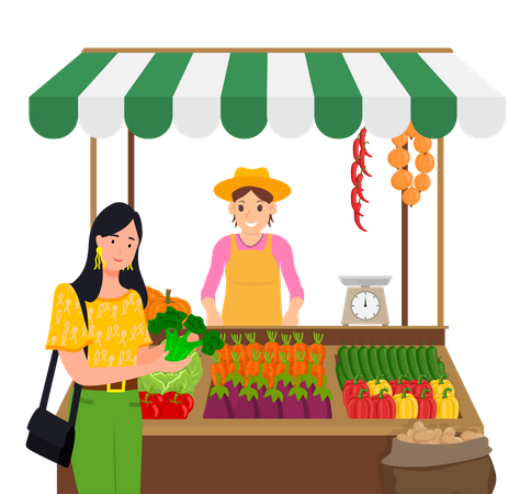 Woman buying fresh vegetables from street vendor  Illustration