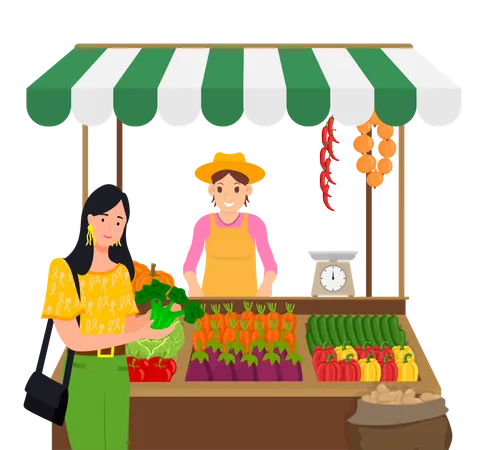 Woman buying fresh vegetables from street vendor  Illustration