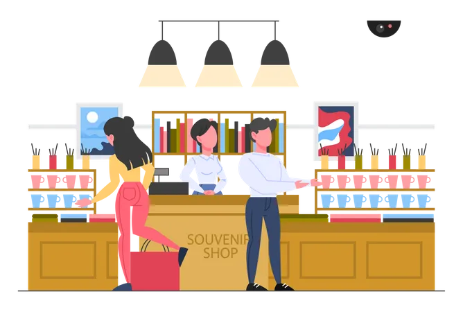 Woman buying from museum souvenir shop Illustration