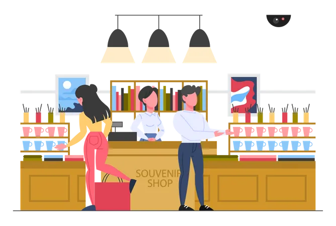 Woman buying from museum souvenir shop  Illustration