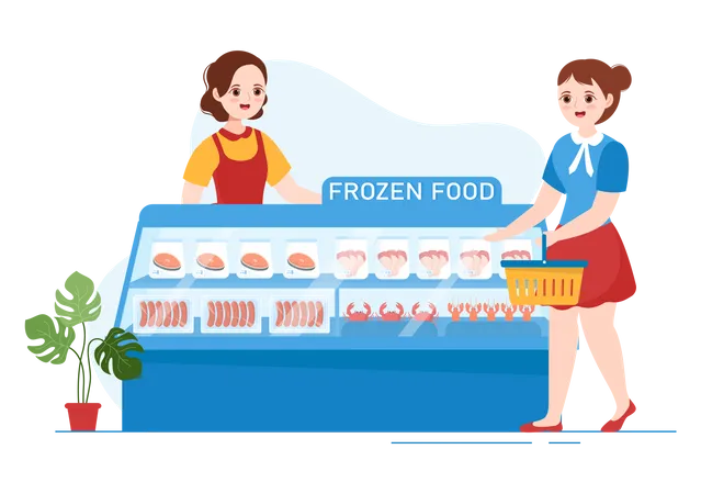 Woman buying Frozen Food from Store Illustration