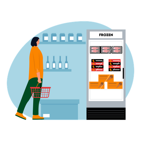 Woman buying frozen food items Illustration