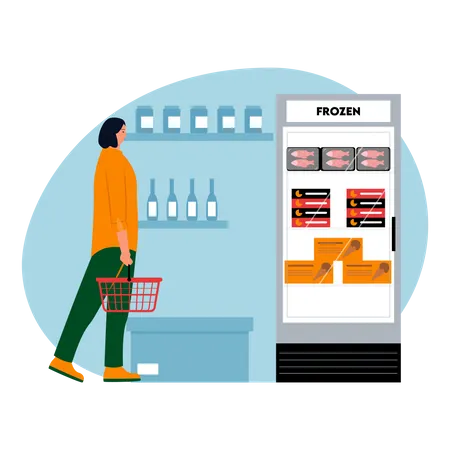 Woman buying frozen food items  Illustration