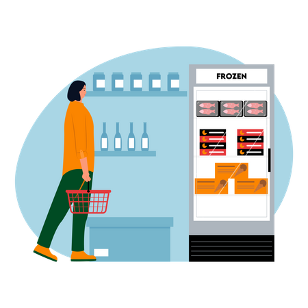Woman buying frozen food items  Illustration