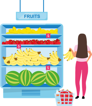 Woman buying fruits at grocery store Illustration