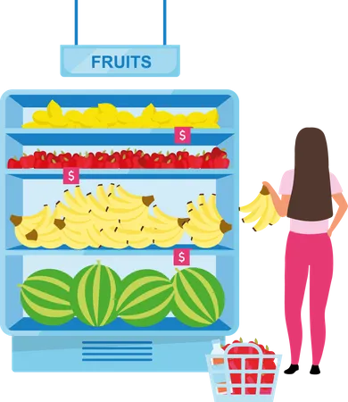 Woman Buying Fruits At Grocery Store Semi Flat Color Vector Character Full Body Person On White Girl Purchasing Bananas Isolated Modern Cartoon Style Illustration For Graphic Design And Animation Illustration