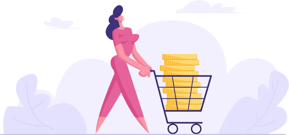 Happy Business Woman Push Shopping Trolley With Big Gold Pile Of Dollar Coins Inside Tax And Loan Payment Taxation Concept Wealth Financial Success Budget Income Cartoon Flat Vector Illustration Illustration