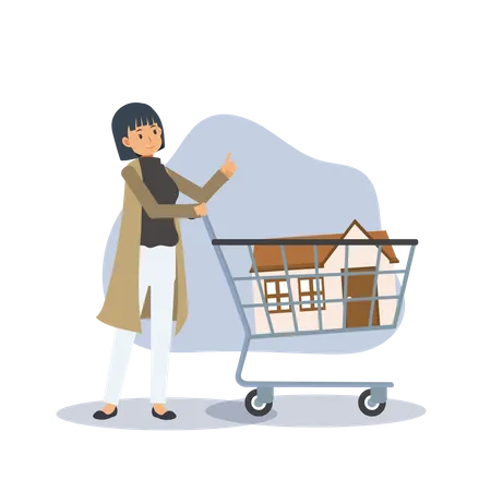 House For Sale Purchase Real Estate Buy House Concept Woman Buying House In Shopping Cart Flat Vector Cartoon Character Illustration Illustration