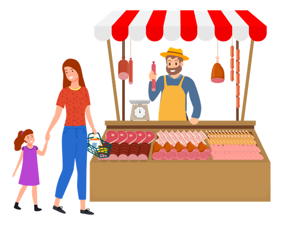 Woman buying meat from butcher local store Illustration