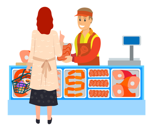 Woman buying meat from butcher store Illustration