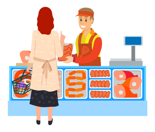 Woman buying meat from butcher store  Illustration