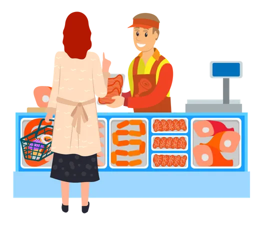 Woman buying meat from butcher store  Illustration