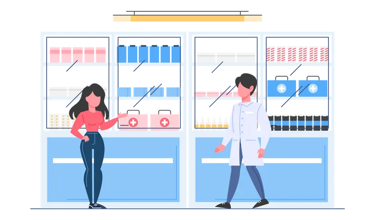 Woman buying medication from pharmacy store Illustration