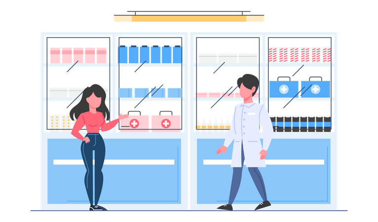 Woman buying medication from pharmacy store  Illustration