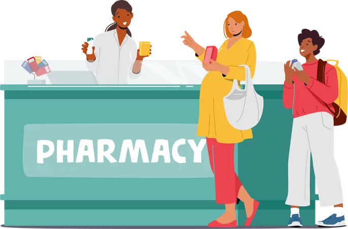 Woman buying medicines from pharmacy store  Illustration