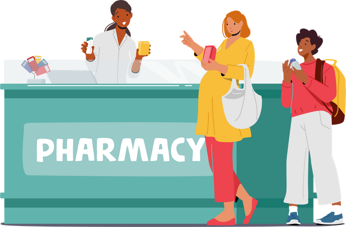 Woman buying medicines from pharmacy store  イラスト