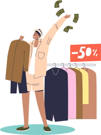 Woman buying new clothes with 50 percent sale  Illustration