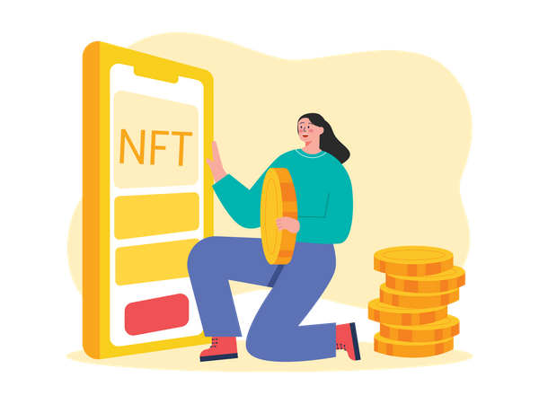 Woman buying NFT through mobile exchange  Illustration