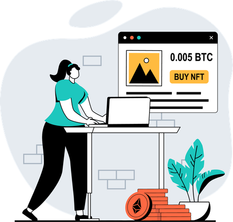 Woman buying nft token on marketplace  Illustration