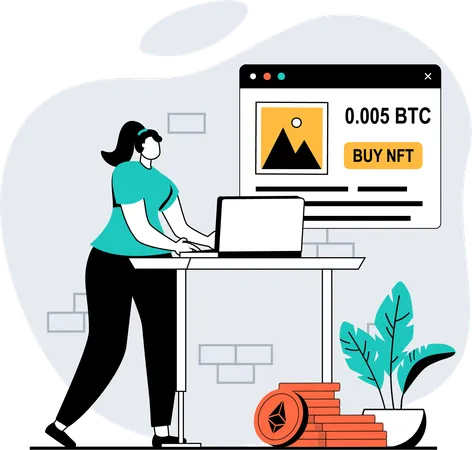 Woman buying nft token on marketplace  Illustration
