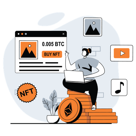 Woman buying nft token on marketplace  Illustration