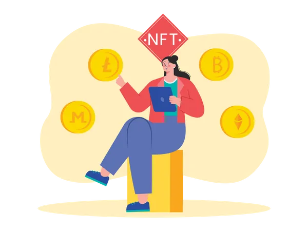 Woman buying NFT with different crypto coins Illustration