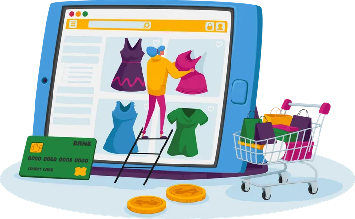 Woman buying online products by paying through card  Illustration